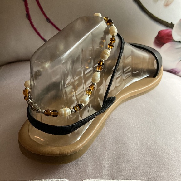 NWOT - Amber Glass Beads & Freshwater Pearls Silver Balls Wider Ankle Bracelet - Picture 8 of 10